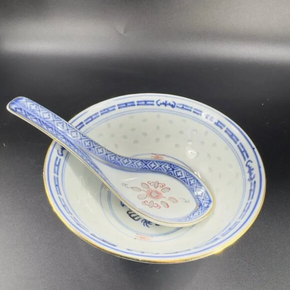 Vintage Chinese‎ Porcelain Rice Grain Bowl And Spoon Decorated Bowl With Sticker